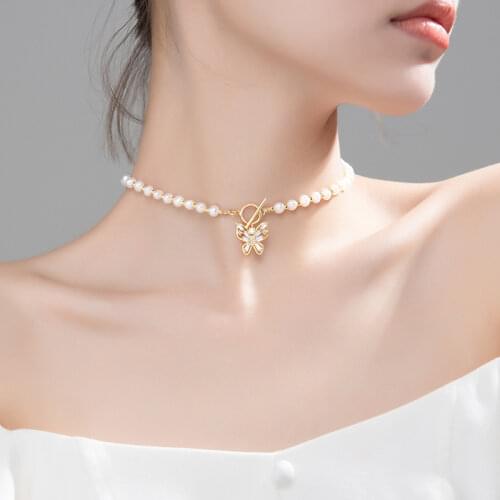 TrustDavis Luxury 925 Sterling Silver 5mm Baroque Pearl Butterfly Choker Short Necklace For Women Wedding S925 Jewelry DA1177