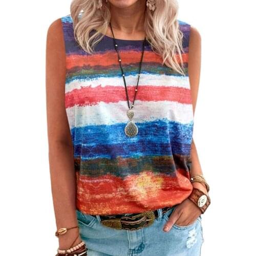 Plus Size Women Vest Top Fashion Stripe Print Summer Casual Tee Sleeveless O Neck Corset Top Loose Party Tanks Top