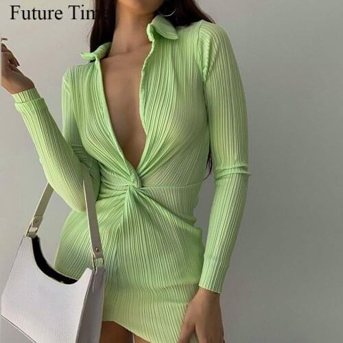 V Neck Women Sexy Dress Bodycon Mini Long Sleeve Y2K Fashion Bandage Autumn Winter Casual Party Dresses 2021 Club Dresses SS979