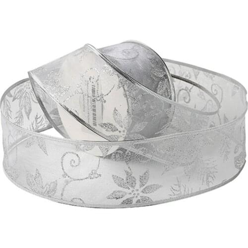 50Yards/roll Flower Glitter Sheer Wired Christmas Ribbon for Wedding Party Decor F1CC