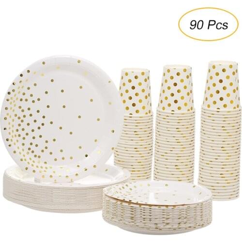 90pcs/set Disposable &Paper Cups Dishware with Golden Polka Dot Round Plates Beverage Cups Dinner Plates Dessert Plate