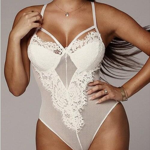 Hollow Out Sexy Bodysuit 2021 Summer New Spaghetti Straps Underwired Floral Lace Bodysuit Solid Color Perspective Mesh Rompers