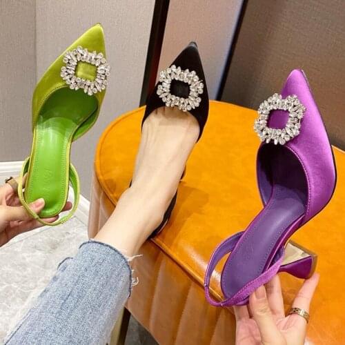 Women Sandals Fashion Brand Crystal Buckle Designer Shoes High Heel Pointed Toe Slip On Slingback Pumps Ladies Dress Sandals