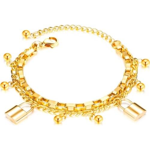 2020 Fashion gold color lock bracelets for women kpop stainless steel Multilayer chain armband cuff jewelry pulseiras feminina