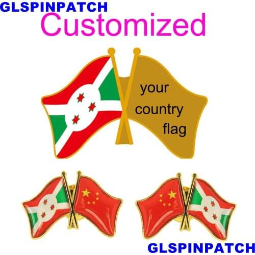 Burundi Crossed Friendship Flag Double Country lapel pin Brooch USA UK France Chile Russia Saudi Arabia Japan Spain Badge