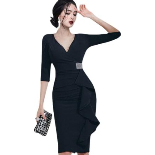 Black irregular tight Dress one piece korean ladies SUmmer Sexy half Sleeve ccabaret party Sexy formal Dresses for women