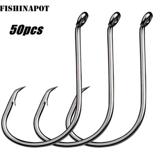 FISHINAPOT 50pcs/lot Sharp High Carbon Steel Fishing Hooks Set Jig Barbed With Hole For Carp Fishing Accessories Pesca 1/0-5/0