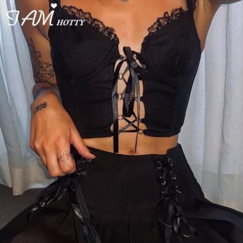 Gothic Black Front Tie Up Womens Crop Corset Top Lace Patchwork Butterfly Spaghetti Strap Backless Sexy Camisole 90s Iamhotty