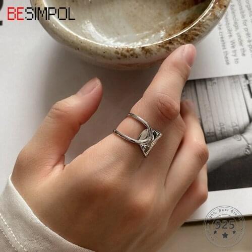 Besimpol Real 925 Sterling Silver Ring French Style Irregular Shaped Adjustable Ring for Women Fashion Trendy Fine Jewelry Gifts