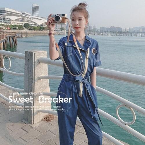 Summer Fashion Chic Style Womens Jeans Wide Leg Pants Handsome High Waist Lace Up Dark Blue Short Sleeve Denim Jumpsuit