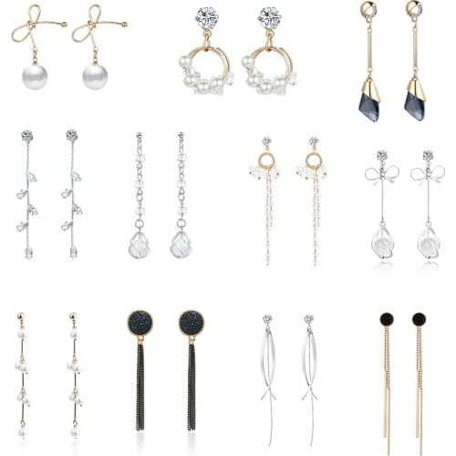 Simple Style Minimalist Jewelry Crystal Rhinestone Pearl Drop Earrings For Women Bow-knot Long Earrings Korean Temperament