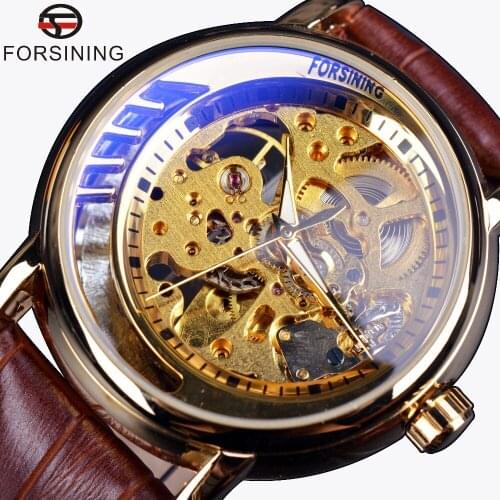 2016 Forsining Golden Case Half Skeleton Design Brown Leather Strap Men Business Watch Luxury Brand Automatic Watch Montre Homme