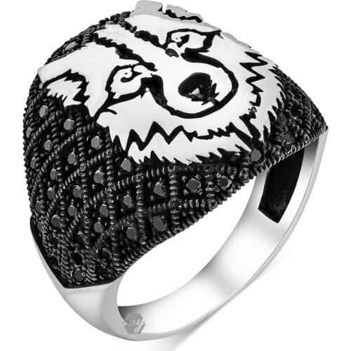 Solid 925 Sterling Silver Black Micro Stone Wolf Mens Ring