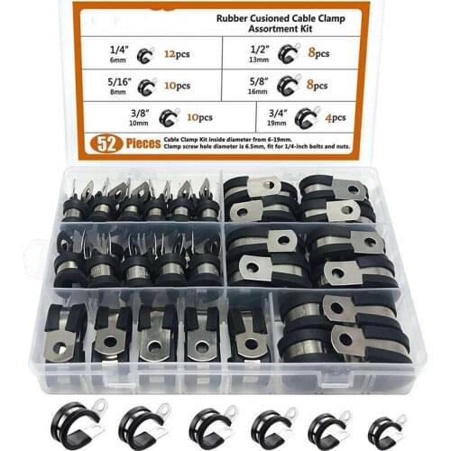 52Pcs Cable Clamp Assort Kit Rubber Insulation Lined P Clips Hose Clamp Assortment Set Practical Stainless Steel Pipe Clamp Kit