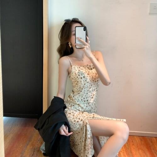 2021 spring and summer new Korean fashion sexy halter mid-length A-line skirt dress Floral sling dress female