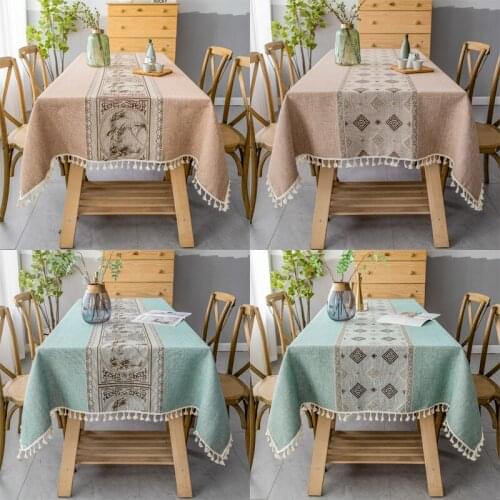 Home Decorative Linen Cotton Tablecloth Dinner Party Printed Tassel Linen Christmas Table Cloth