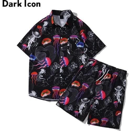 Dark Icon Full Printed Shirts Shorts Sets Mens Casual Loose 2021 Summer Beach Suit Hawaii Blouse Shorts Set