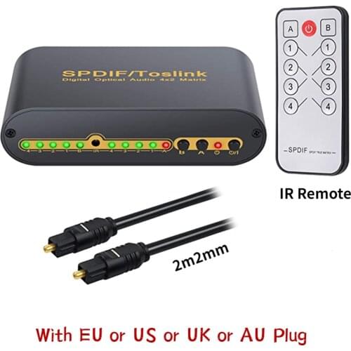 SPDIF Toslink Splitter 4 Ports 4x2 Toslink Digital Optical Audio Switcher Matrix 4 In 2 Out with Optical Cable and IR Remote