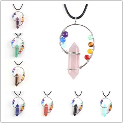 Trendy-beads Silver Plated Hexagon Column Quartz Stone with Colorful Beads Amulet Pendant Chakra Necklace