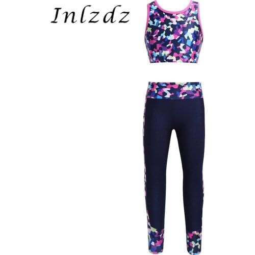 Kids Girls Gymnastics Ballet Leotard Costume Outfit Digital Print Mesh Racer Back Tanks Crop Top with Leggings Ballet Dancewear