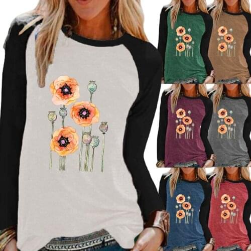 Ladies Casual Raglan Long Sleeve Shirt Round Neck Loose T-shirt Pullover Sweatshirt Flower Print Womens Graphic T-shirt