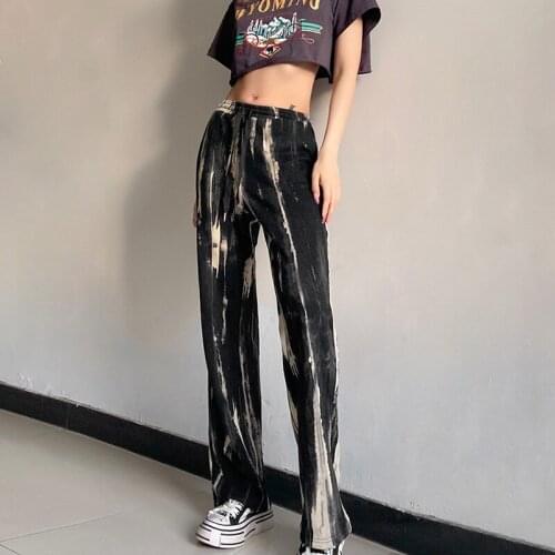 Tie Dyed Straight Pants Women High Waist Leisure Fashion Street Loose Lisa Bandage Trousers Spring/Summer 2021