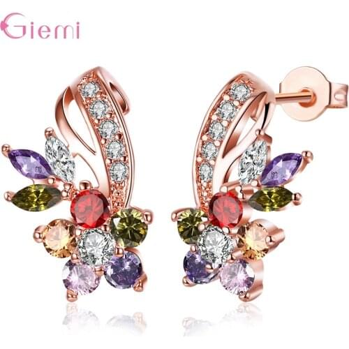 Hot Trendy Luxury Crystal Flower Stud Earrings For Women New Fashion Elegant Rose Gold Color Zircon Earrings Gift