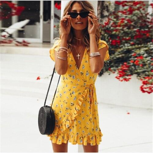 New Ladies Flower Print Yellow Wrap Dress V-neck Straps Ruffled Stitching Asymmetric Dress Type High Waist Short-sleeved Dress