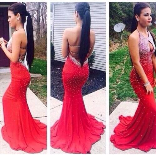 New Sexy Sparkly Red Mermaid Prom Dresses Sequins Beading robe de soiree With Halter Neck Backless Custom Evening Party Gown