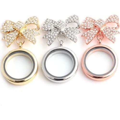 10PCS Mix Colors Smooth Round Rhinestones Bowknot Brooch Flating Locket Living Memory Women Wedding Gift Jewelry Accessories