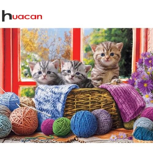 Huacan Diy Diamond Painting Cat Basket Ball Of Yarn Mosaic Animal Window Embroidery Cross Stitch Home Decor