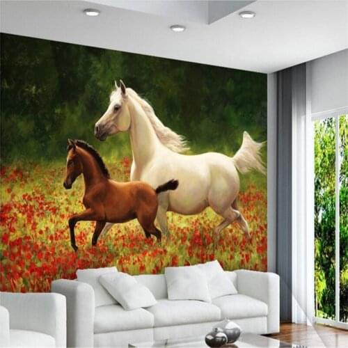 Beibehang Large custom wallpaper red flowers sea a white horse and a small brown horse painting papel de parede infantil menina