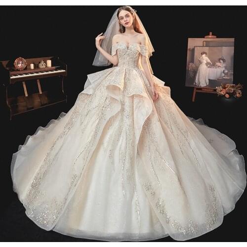 Noble Luxury Elegant Ball Gown Appliques Slim Sexy Slash Neck Wedding Dress Vintage Bridesmaid Princess Romantic Bridal Gowns