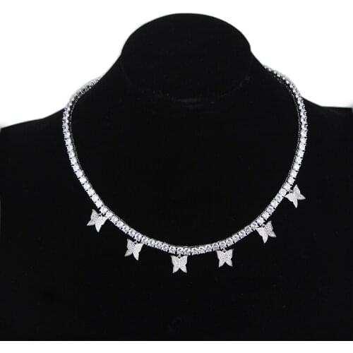 4mm 1 Row Tennis Chain Butterfly Pendant Necklace Hip Hop Jewelry Gold pink Color Men Women Necklace Link adjustable