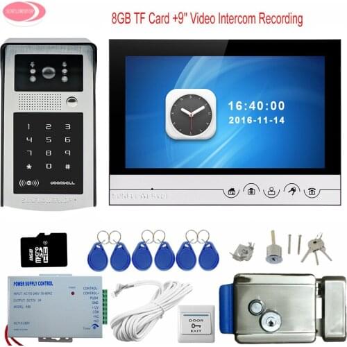 Wired 9" Screen Intercom With Recording Video Door Phone Intercom System With RFID Code Keypad Camera + Electric Lock+8G TF Card