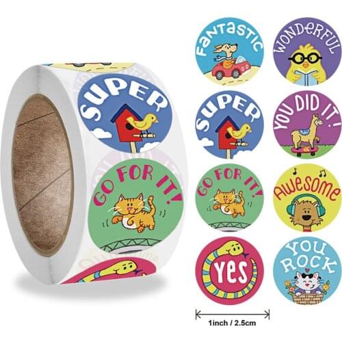 Round Cartoon Animals Stickers Cute Words Reward Stickers for Teacher Encourage Student 50-500pcs Reward Sticker for Kid