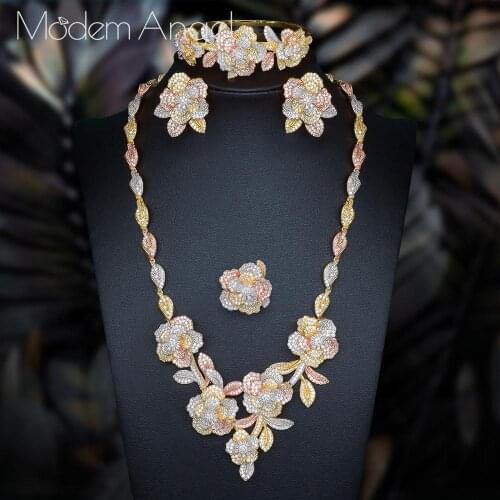 ModemAngel NEW Luxury Flower 4pcs African Cubic Zircon CZ Nigerian Jewelry sets For Women Wedding Dubai Gold Bridal Jewelry Sets