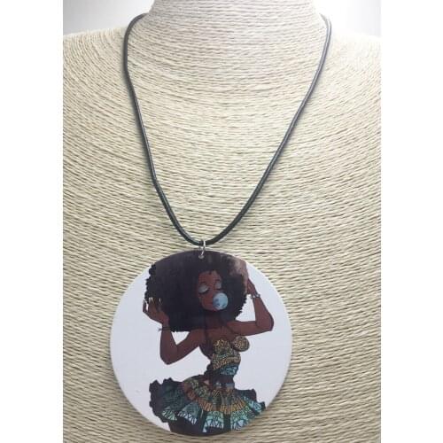 Newest Printing African Girl Wooden Pendant Necklace