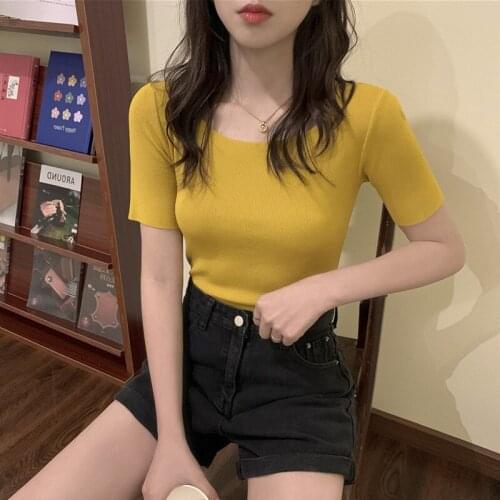 2020 New Women Fashion Summer Knitted T-shirts Chic Women Ribbed Shirts T30