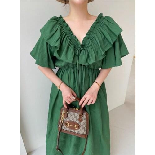 WTIANYUW New Korea Chic Casual Trend Women Solid Color V Neck Robe Ruffled Band Loose Fashion Flying Sleeve Dress Summer 2021