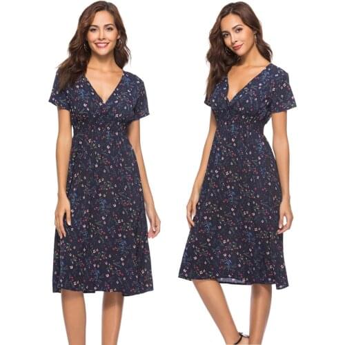 Floral V Neck Women Dress Summer Short Sleeve Sexy Dresses Print Chiffon Boho Beach Dress Elastic Waist Slim A Line Party Dress