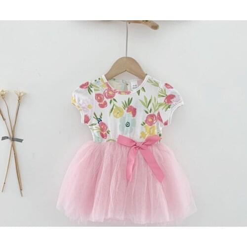 Baby Girls Dresses Summer Short Sleeve Mesh Tutu Dress Cute Flower Printed Infant Clothes DT422