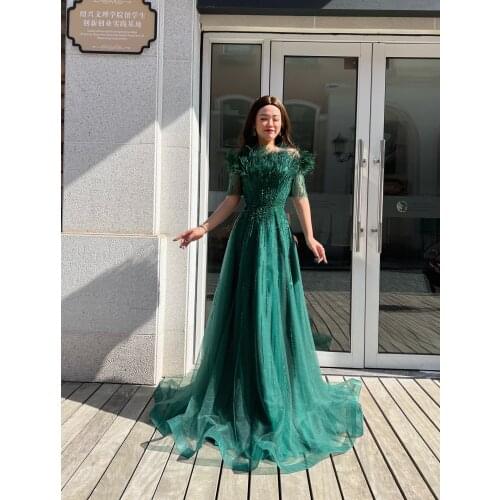 Green Feathers Gowns Fashion Women A-Line Evening Dresses Luxury Host Dress Feather Promdress For Women Wedding Party Graduate