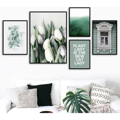 Self-adhesive Wall Stickers Lily Abstract Geometric Green Nature Wall Art Posters And Prints Wall Pictures For Living Room Decor
