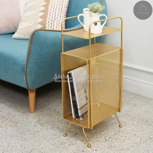 Nordic Stylish Golden Iron Bedside Table Sofa Side Cabinet Corner Metal Shelf, Floor Magazine Storage Holders & Racks