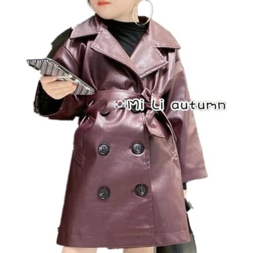 Spring Autumn girls PU trench Jacket baby long double breasted outwear kids streetwear clothes fashion England