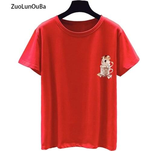 ZuoLunOuBa Women T Shirt Print Candy Water Cup Kitten Casual Loose Tops Female Short Sleeve High Quality Summer Top Tees