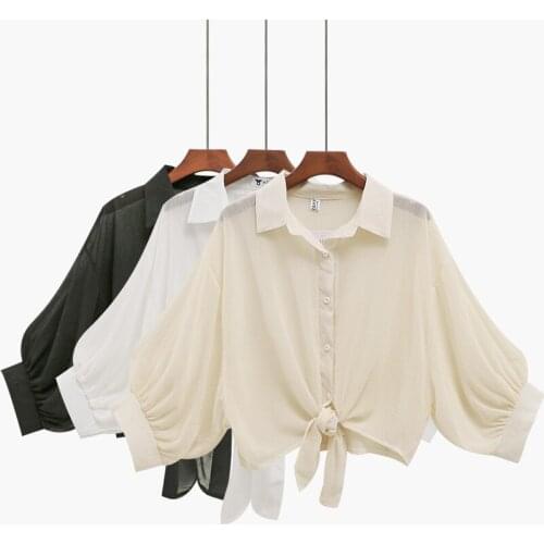 Women Turn-Down Collar Batwing Sleeve Bandage Strap Chiffon Bow Shirt Lady Short Elastic Slim Cardigan Button Chic Blouse Tops