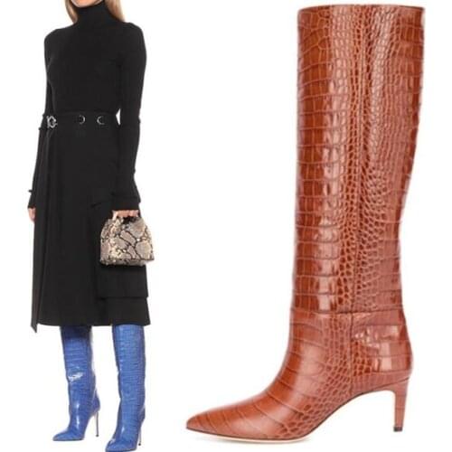 Moraima Snc Sexy Crocodile Pattern Leather Woman Boots Pointed Toe Thin heels Runway Riding Boots Fashon Slim Female Shoes