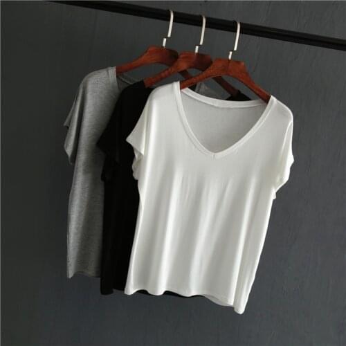 Modal Cotton Women T-shirts 2021 Summer New V-neck Short-sleeved Solid Casual All Match Female Pulls Tops Tees